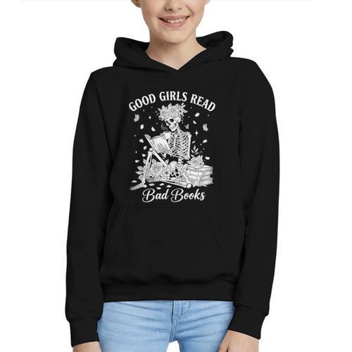 Good Girls Read Bad Books Skeleton Reading Book Halloween Graphic Youth Hoodie - Bookorys DE