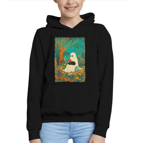 Groovy Ghost Reading Book Cat Halloween Ghost Teacher Graphic Youth Hoodie - Bookorys CA