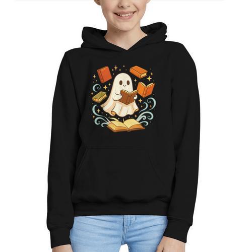 Halloween Cute Ghost Shirt Reading Books Ghost Graphic Youth Hoodie - Bookorys