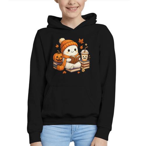 Halloween Ghost Reading Book Lovers Coffee Girl Women Graphic Youth Hoodie - Bookorys DE