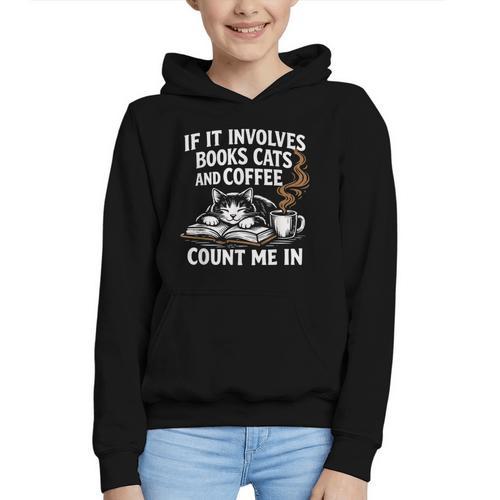 If It Involves Cats Books Coffee Introvert Pet Lover Graphic Youth Hoodie - Bookorys