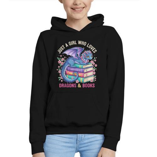 Just a Girl Who Loves Dragons And Books Dragon Reading Graphic Youth Hoodie - Bookorys