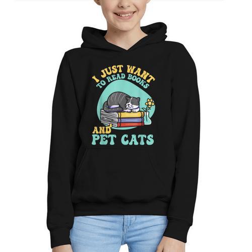 I Just Want To Read Books And Pet Cats Cat Book Lovers Graphic Youth Hoodie - Bookorys