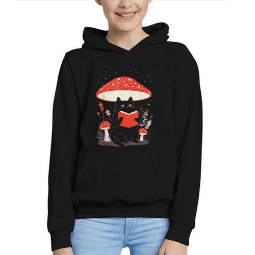 Kawaii Cottagecore Mushroom Cat Reading a Book Graphic Youth Hoodie - Bookorys AU