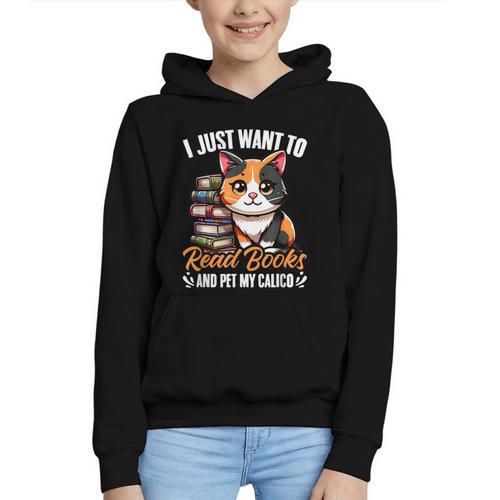Kawaii Feline Book Reading Read Books Pet My Calico Cat Men Women Graphic Youth Hoodie - Bookorys AU