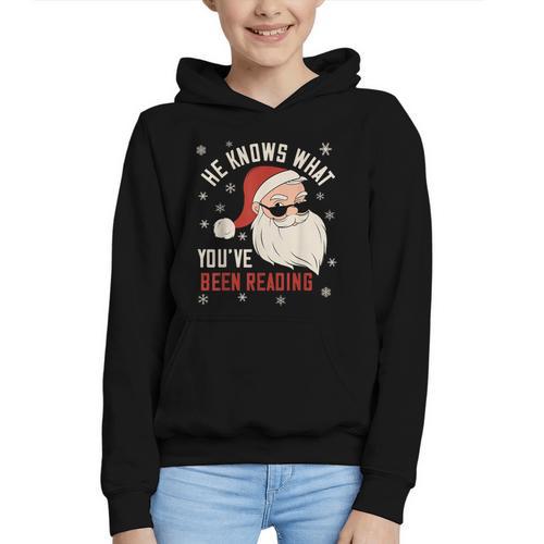 He Knows What You'Ve Been Reading Book Lover Women Santa Graphic Youth Hoodie - Bookorys CA