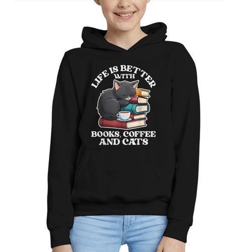 Life Is Better With Books Cats & Coffee Librarian Book Lover Graphic Youth Hoodie - Bookorys CA