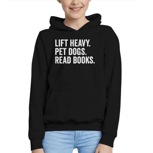Lift Heavy Pet Dogs Read Books Gym Workout Weight Lifter Graphic Youth Hoodie - Bookorys