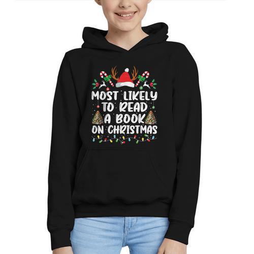 Most Likely To Read A Book On Christmas Matching Family Graphic Youth Hoodie - Bookorys