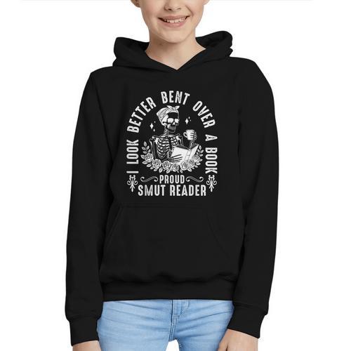 I Look Better Bent Over a Book Proud Smut Reader Skeleton Graphic Youth Hoodie - Bookorys UK