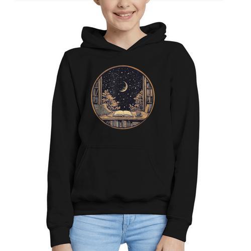 Moon Book Bookshelf Library Coffee Cup Star Stars Pattern Graphic Youth Hoodie - Bookorys AU