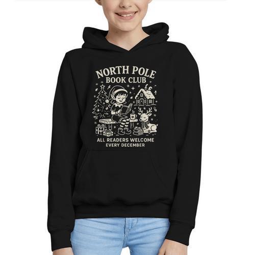 North Pole Book Club Christmas Elf Bookish Retro Graphic Graphic Youth Hoodie - Bookorys AU