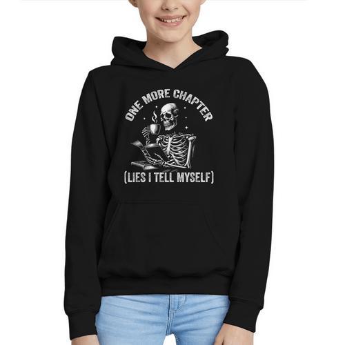 One More Chapter Skeleton Reading Book Lover Bookworm Graphic Youth Hoodie - Bookorys
