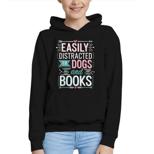 Pet Lover Easily Distracted By Dogs And Books Joke Men Graphic Youth Hoodie - Bookorys