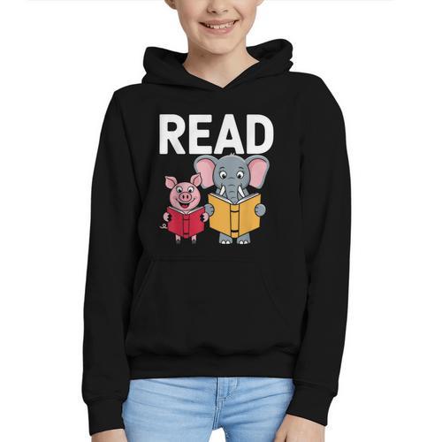 Pig Elephant Reading Cute Book Lover Bookworm Boys Girls Kid Graphic Youth Hoodie - Bookorys DE