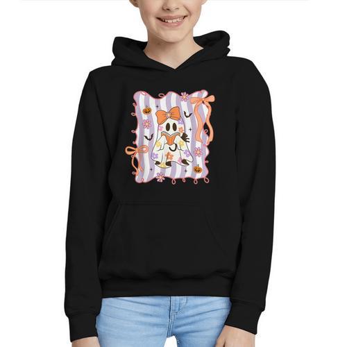 Preppy Coquette Bow Ghost Reading Books Halloween Book Graphic Youth Hoodie - Bookorys CA