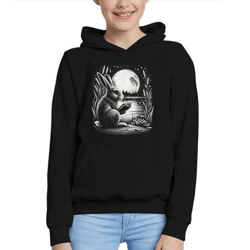 Rabbit Reading Book Full Moon Lake Scenery Graphic Youth Hoodie - Bookorys