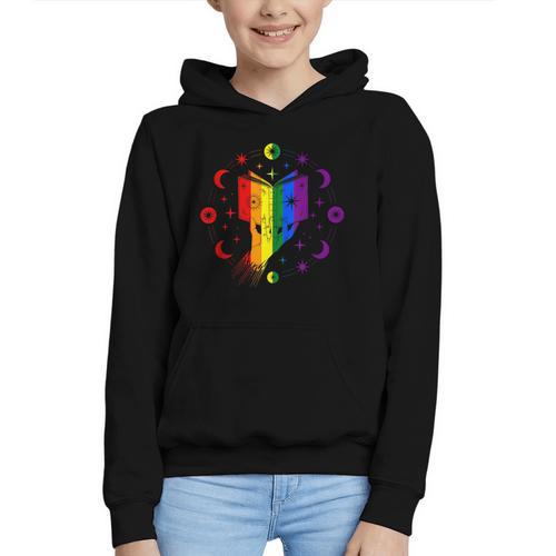 Rainbow Book With Stars And Moon Phases Gay Pride LGBT Graphic Youth Hoodie - Bookorys DE