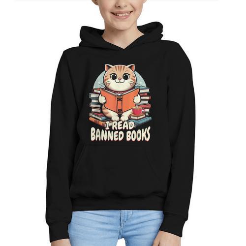 I Read Banned Books Shirt Cat Lover Bookworm Reader Men Women Kids Graphic Youth Hoodie - Bookorys