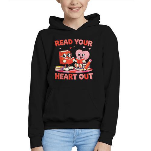 Read Your Heart Out Valentine Reading Book Girl Kid Teacher Graphic Youth Hoodie - Bookorys