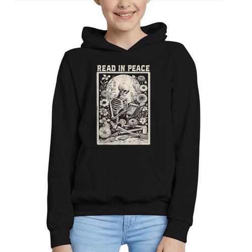 Read In Peace Skeleton Book Lover Bookworm Book Graphic Youth Hoodie - Bookorys AU