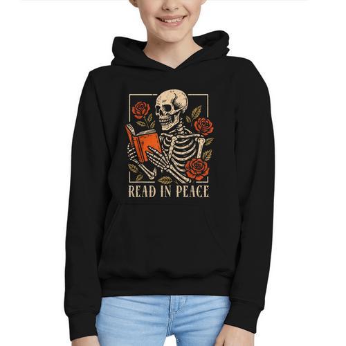 Read In Peace Skeleton Reading Book Halloween Teacher Graphic Youth Hoodie - Bookorys AU