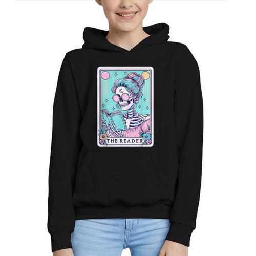 The Reader Retro Reading Skeleton Books Flowers Tarot Card Graphic Youth Hoodie - Bookorys