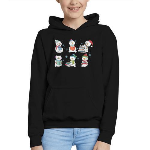 Reading Snowman Christmas Book Lovers Bookworm Librarian Graphic Youth Hoodie - Bookorys