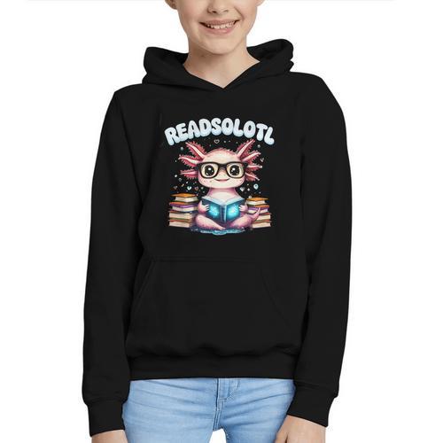 Readsolotl Pink Kawaii Axolotl Read Book Lover Reading Graphic Youth Hoodie - Bookorys DE