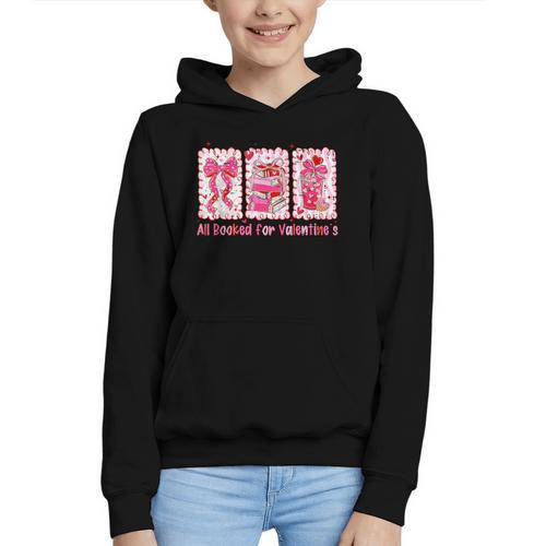 Retro Coquette Bow All Booked For Valentines Book Lover Cute Graphic Youth Hoodie - Bookorys