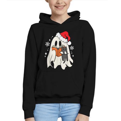 Retro Ghost Reading Book With Cat Bookish Club Christmas Men Women Kids Graphic Youth Hoodie - Bookorys AU