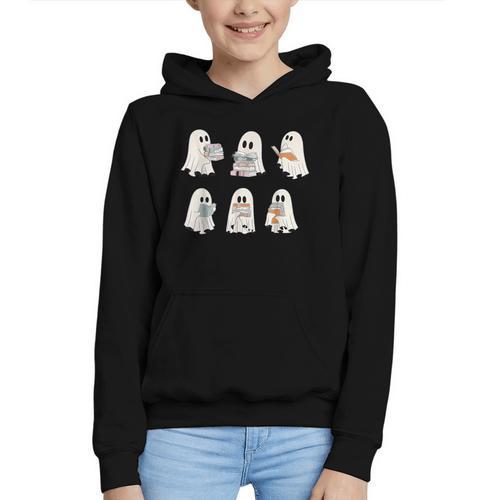 Retro Ghost Reading Books Halloween Bookish Ghost Bookworm Graphic Youth Hoodie - Bookorys