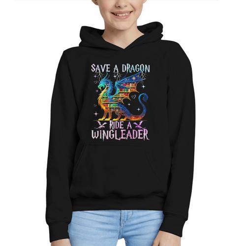 Save A Dragon Ride A Wingleader Books Dragon Lover Cute Graphic Youth Hoodie - Bookorys