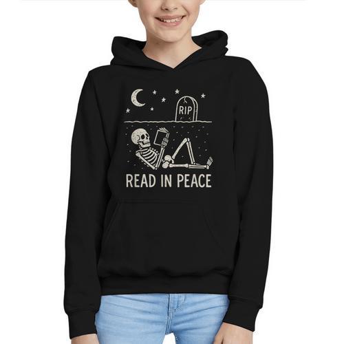 Skeleton Read In Peace Halloween Book Graphic Bookish Graphic Youth Hoodie - Bookorys AU
