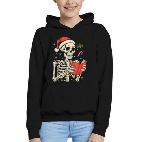 Skeleton Reading Book Christmas Teacher Librarian Book Lover Graphic Youth Hoodie - Bookorys CA