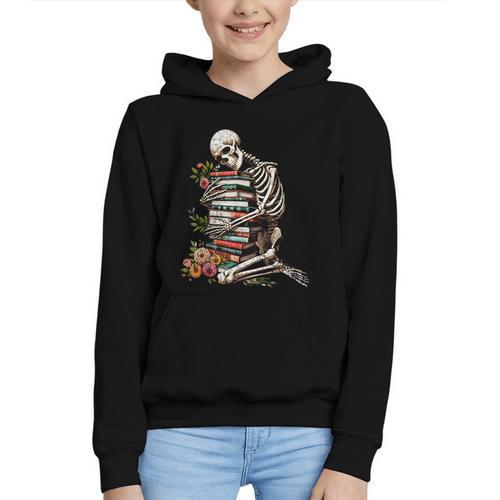 Skeleton Reading Book Halloween Bookworm Bibliophile Reader Graphic Youth Hoodie - Bookorys CA