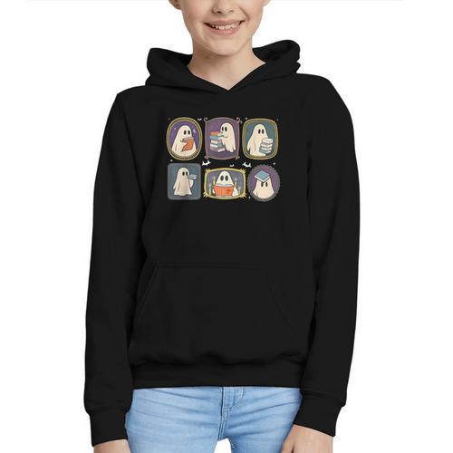 Spooky Teacher Halloween Ghost Reading Book Trick Or Treat Graphic Youth Hoodie - Bookorys AU