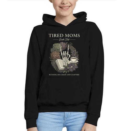 Tired Moms Book Club Dark Floral Coffee Skeleton Graphic Youth Hoodie - Bookorys CA
