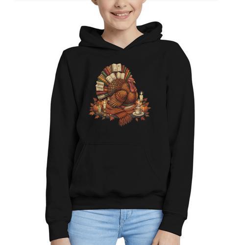 Turkey Reading Books Fall Season Thanksgiving Teacher Book Graphic Youth Hoodie - Bookorys