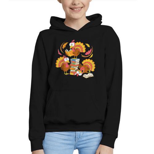 Turkey Reading Books Fall Thanksgiving Teacher Librarian Graphic Youth Hoodie - Bookorys