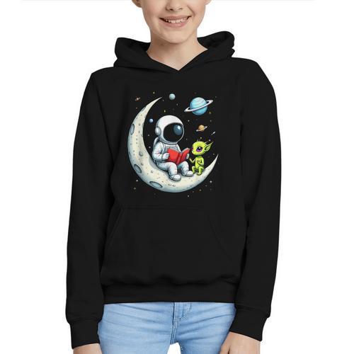 UFO Alien Astronaut Reading Book In Space Graphic Youth Hoodie - Bookorys