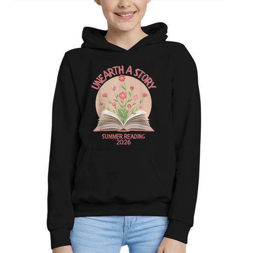 Unearth a Story 2026 Summer Reading Program Flowers Book Graphic Youth Hoodie - Bookorys DE