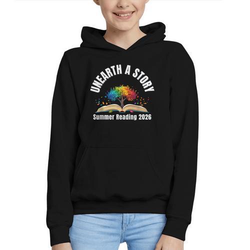 Unearth a Story 2026 Summer Reading Program Tree Book Graphic Youth Hoodie - Bookorys DE