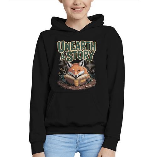 Unearth A Story Fox Reads a Book Graphic Youth Hoodie - Bookorys UK