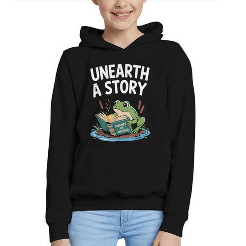 Unearth a Story Frog Reading a Book Summer 2026 Graphic Youth Hoodie - Bookorys