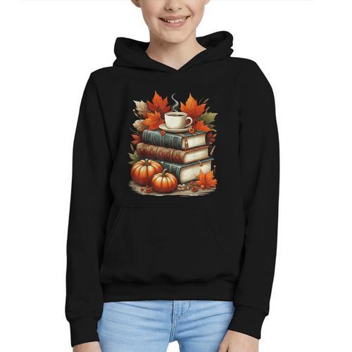 Vintage Autumn Books Coffee Pumpkin Fall Reading Graphic Youth Hoodie - Bookorys