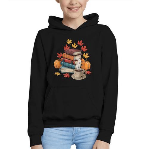 Vintage Books Tea Lovers Fall Autumn Leaves And Pumpkins Graphic Youth Hoodie - Bookorys CA