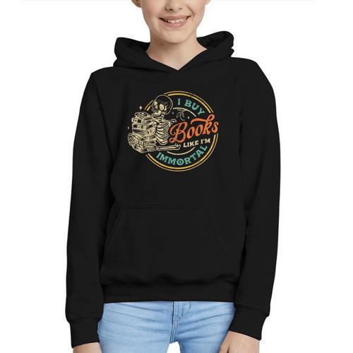 Vintage I Buy Books Like I'm Immortal Skeleton Reading Book Graphic Youth Hoodie - Bookorys CA