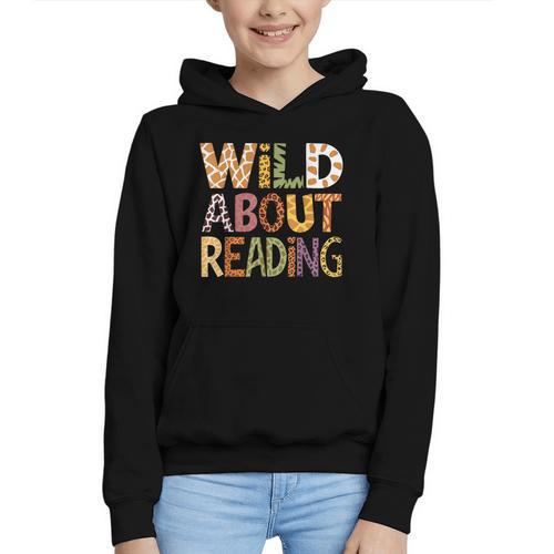 Wild About Reading Book Animal Children's Book Lover Teacher Graphic Youth Hoodie - Bookorys UK