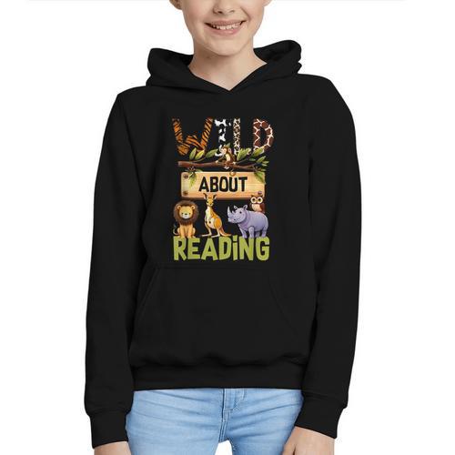 Wild About Reading Reading Books And Bookworm Library Day Graphic Youth Hoodie - Bookorys DE